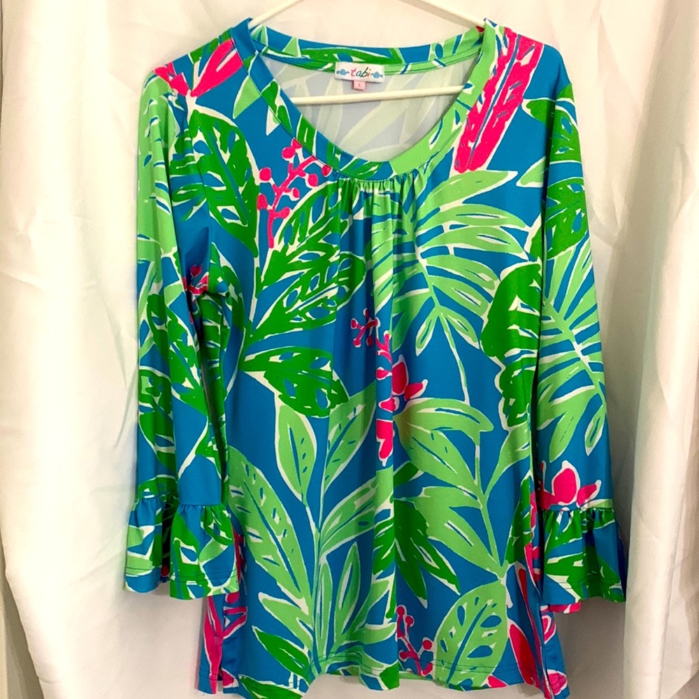 Tabi Tropical Bright‎ Floral Top Ruffle Sleeve size Large